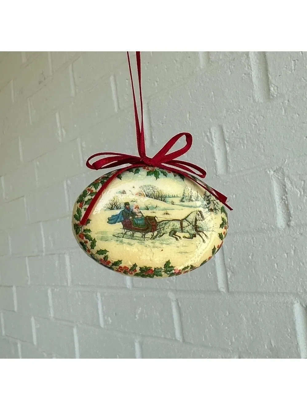 Vintage Christmas 1970’s Victorian Sleigh Ride Styrofoam Ornament W/Red Ribbon